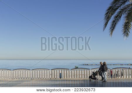 Altea, Spain. January 22, 2018: Family Walking Through The Streets Of Altea, Province Of Alicante, S