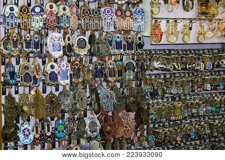 Religious objects sold in a souvenirs shop in the bazaar of the old city of Jerusalem in Israel January 13-2018 morning