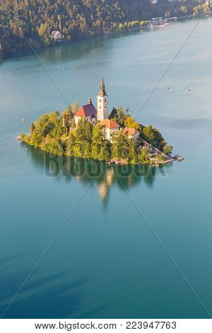 Panoramic view of island wiht church on Lake Bled from Mt. Osojnica, Slovenia.