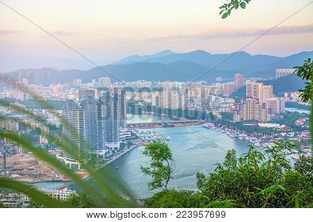 panorama of the city of Sanya, a view of the city in the highest point, the island of the Phoenix. Asia