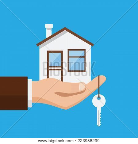 Real estate offer, businessman holding a house and key. Offer of purchase house, rental of Real Estate. Vector illustration flat design