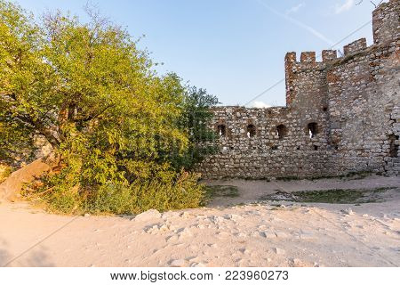 Castle In Palava, Czech Republic, Ruins Of Wall, Landscape Panorama Of Near Village
