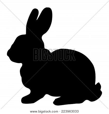 Black silhouette of fluffy rabbit or hare sitting  isolated on white background. Vector illustration, icon, logo, clip art.