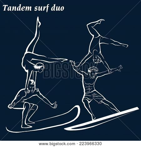 Silhouette of a surfers. Acrobatic surfing (Acrobatic surf duo.). Tandem surf duo. White silhouettes on a blue background.