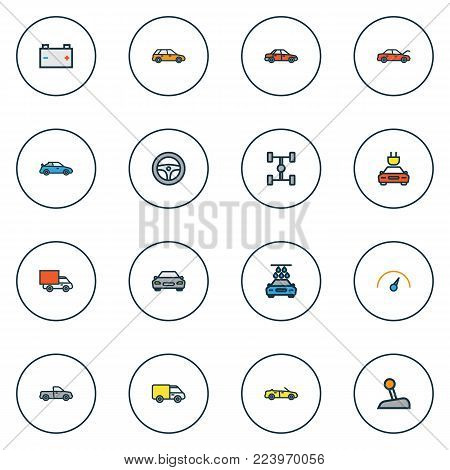 Automobile icons colored line set with electric, sport, washing and other automobile elements. Isolated vector illustration automobile icons.