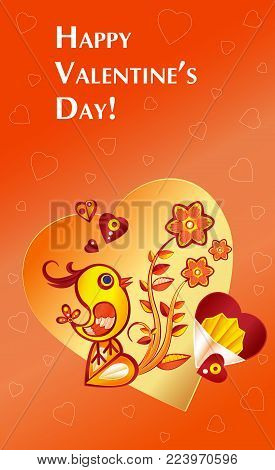 paperart valentine day illustration with chicken, flowers and heart. Greeting card, vector banner eps10