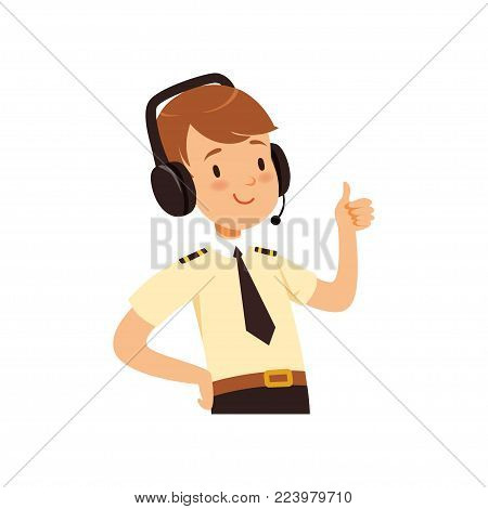 Air traffic controller character, boy in uniform with headset of vector Illustration on a white background