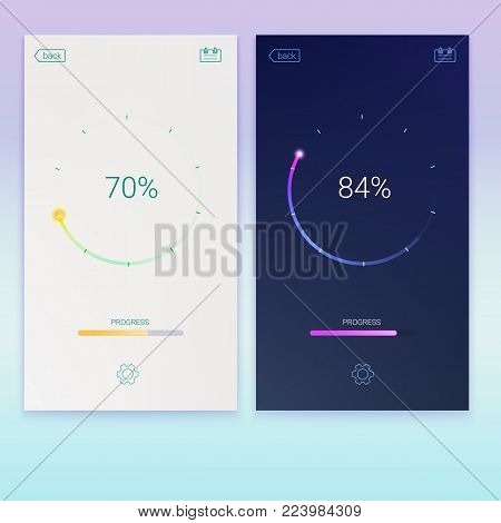 Progress of loading for mobile apps or web preloader on light and dark screen. Load, update or download diagram icon of progress bar, minimal flat design with percentage of progress, 3D illustration.