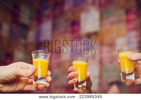 Girls making a toast with tequila shots