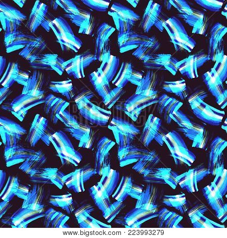 Absrtract art seamless texture with acrilyc brush strokes and blots. Hand painted background. Modern stripes design. Blue white sea color on dark background. Unusual. brighr and teen