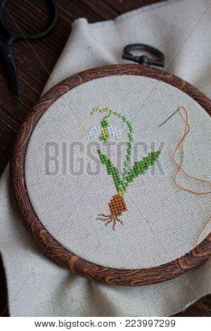 Embroidered Crossstitched Snowdrop on the linen with scissors. Toned.
