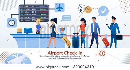 Airline Company Airport Check-in Reception And Tourists Queue Flat Poster. Passengers With Luggage A