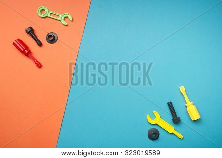 Kids Educational Developing Toys Frame On White Background. Top View. Flat Lay. Copy Space For Text