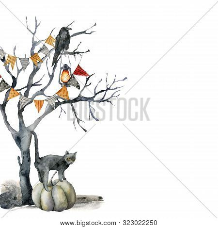Watercolor Halloween Card With Black Tree And Cat. Hand Painted Holiday Template With Crow, Flag Gar