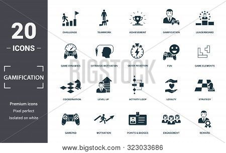 Gamification Icon Set. Contain Filled Flat Game Dynamics, Achievement, Game Elements, Points And Bad