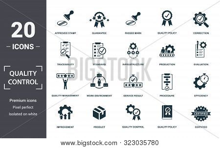 Quality Control Icon Set. Contain Filled Flat Correction, Efficiency, Infrastructure, Quality Policy