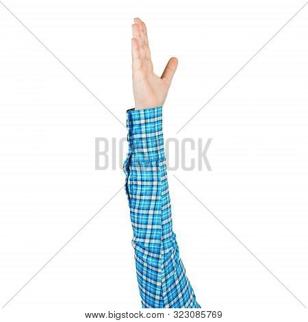 Woman Hand In Blue Checkered Shirt Showing Voting Gesture. Participation And Voting Sign. Human Hand