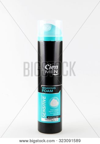 Pomorie, Bulgaria - September 06, 2019: Cien Men Shaving Foam Isolated On White Background.