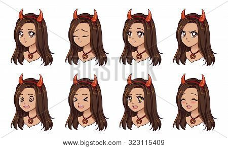 Halloween Kawaii Devil Girl With Eight Different Face Expression. Retro 90S Anime Style Hand Draw Ve