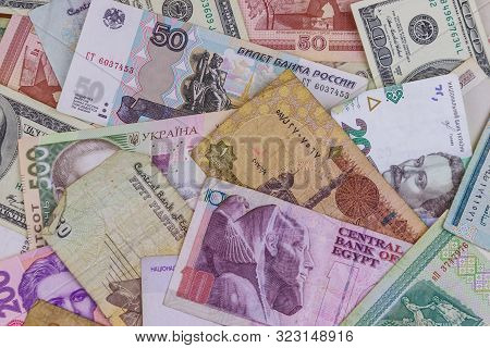 Multicurrency Background Of Us Dollars, Russian Rubles, Belarusian Rubles, Egyptian Pounds And Ukrai