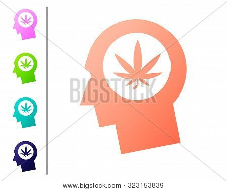 Coral Silhouette Of Male Head In Profile With Marijuana Or Cannabis Leaf Icon Isolated On White Back