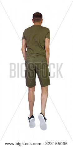 Back view of man in zero gravity or a fall. guy is flying, falling or floating in the air. Side view people collection. side view of person. Isolated over white background. A guy in shorts in a jump.