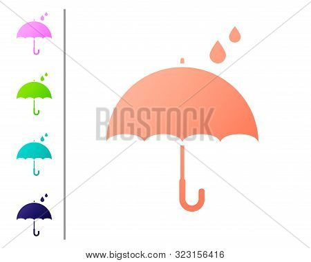Coral Umbrella And Rain Drops Icon Isolated On White Background. Waterproof Icon. Protection, Safety