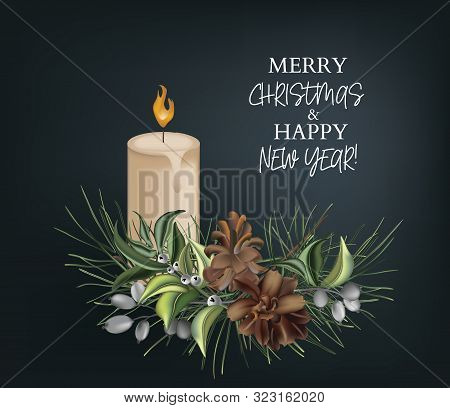 Christmas Pine Tree Branches With Fir-cones, Evergreen Plants And Beads On Dark  Background, New Yea