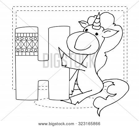 Letter H And Funny Cartoon Unicorn. Animals Alphabet A-z. Coloring Page. Printable Worksheet. Handwr