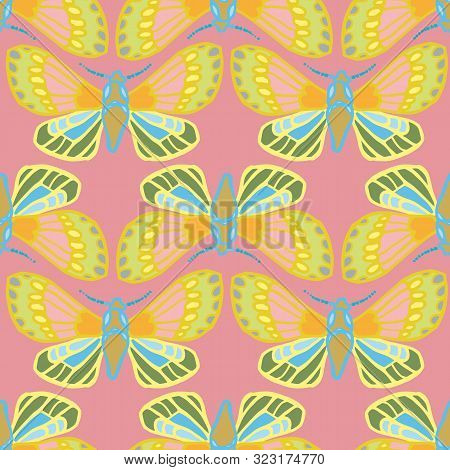Colorful Exotic Butterfly Pattern. Hand Drawn Butterfly In A Row On Pink Backgpound. For Fashion, Fa