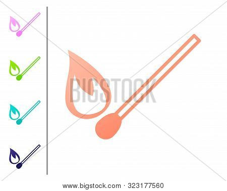 Coral Burning Match With Fire Icon Isolated On White Background. Match With Fire. Matches Sign. Set 