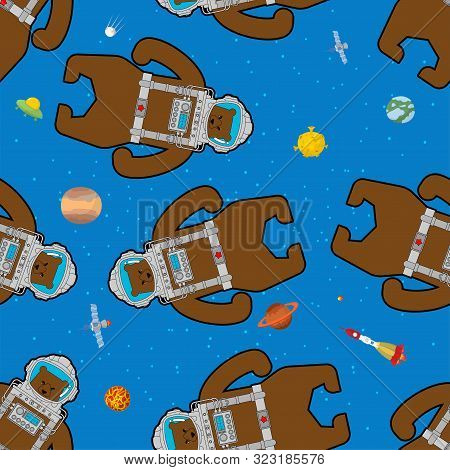 Bear Russian Astronaut Pattern Seamless. Wild Beast Spaceman In Russia Background
