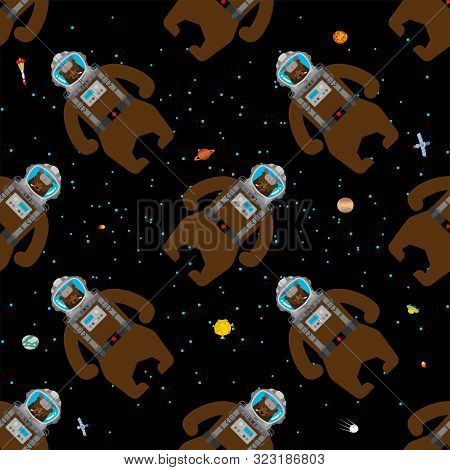Bear Russian Astronaut Pattern Seamless. Wild Beast Spaceman In Russia Background