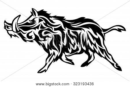 Running Wild Boar. Black And White Vector Illustration Of A Stylized Boar. Drawing Of A Wild Animal 