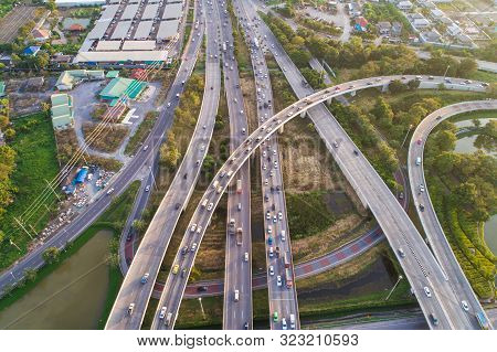 Aerial View Transport Junction Road Car Movement With Sunset Light