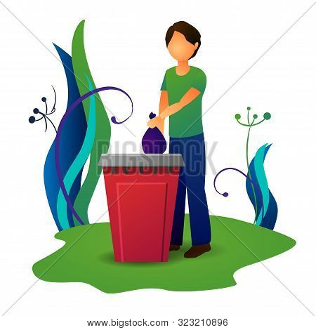 A Vector Illustration Of A Boy Throwing Garbage Away With Plents Next To Him On A White Background.