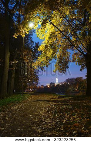 Evening Walk In The Autumn Park Illuminated By Lanterns At Dusk