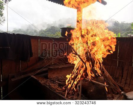A Large Fire Made In A Wooden House In The Rainforest