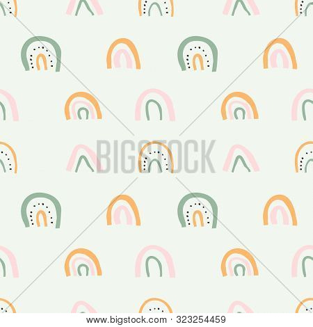 Scandinavian Style Illustrations With Rainbows For Baby Room Wallpaper Decoration. Seamless Vector P