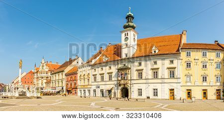 Maribor,slovenia - September 1,2019 - Panoramic View At The Main Square With Town Hall And Column Pl