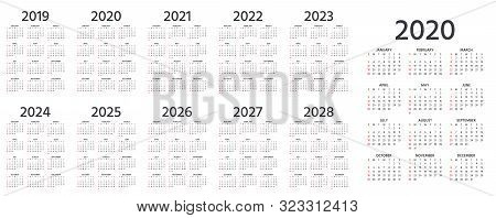 Calendar 2020, 2019, 2021, 2022, 2023, 2024, 2025, 2026, 2027, 2028 Year. Vector. Week Starts Sunday