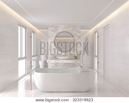 Luxurious White Bathroom Modern Style 3d Render. The Room Has White Tiles And The Wall Is Decorated 