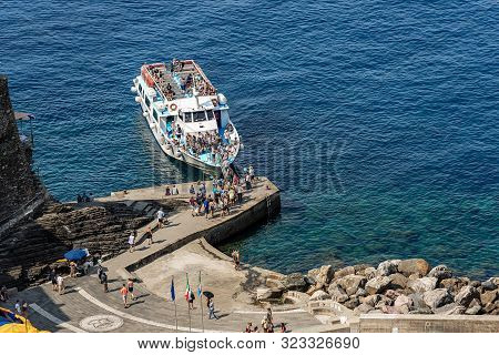 Vernazza, Liguria, Italy - July 22th, 2019: Aerial View Of The Port Of The Ancient Vernazza Village 