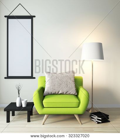 Green Arm Chair Mock Up On Modern Zen Room Japanese Style.3D Rendering