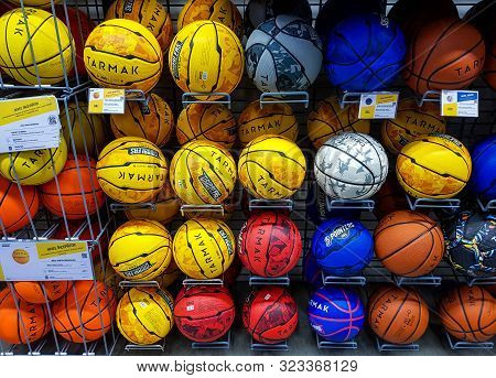 Brasov, Romania- 21 September 2019: Colorful Tarmak Basketballs In Local Decathlon  Store.