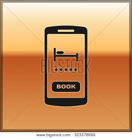 Black Online Hotel Booking Icon Isolated On Gold Background. Online Booking Design Concept For Mobil