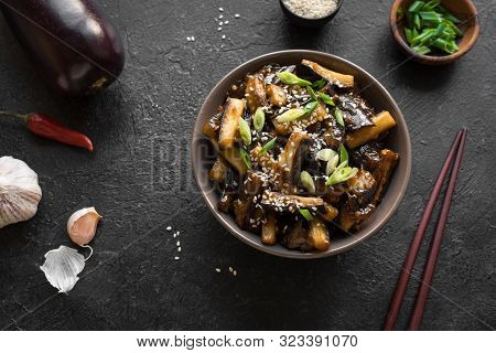 Glazed Fried Aubergine In Bowl. Corean, Chinese Or Asian Vegan Meal - Eggplant Stir Fry With Soy Sau