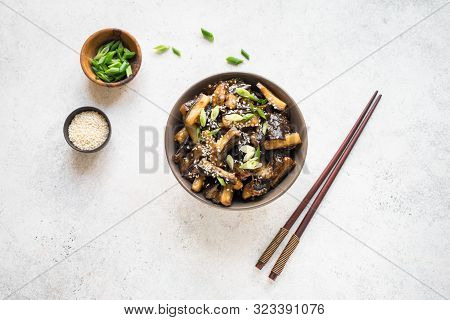 Stir Fried Aubergine In Bowl. Corean, Chinese Or Asian Vegan Meal - Eggplant Stir Fry With Soy Sauce
