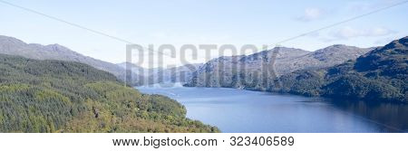 Loch Lomond Aerial Birdseye View Banner From Above Showing Islands In The Highlands Scotland Uk