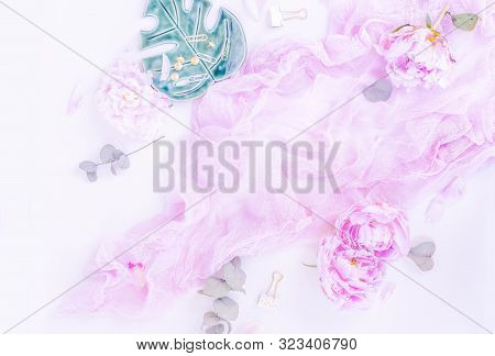 Creative Moern Wedding Composition Mock Up, Pink Blanket, Flowers, Eucalyptus Branches On White Desk